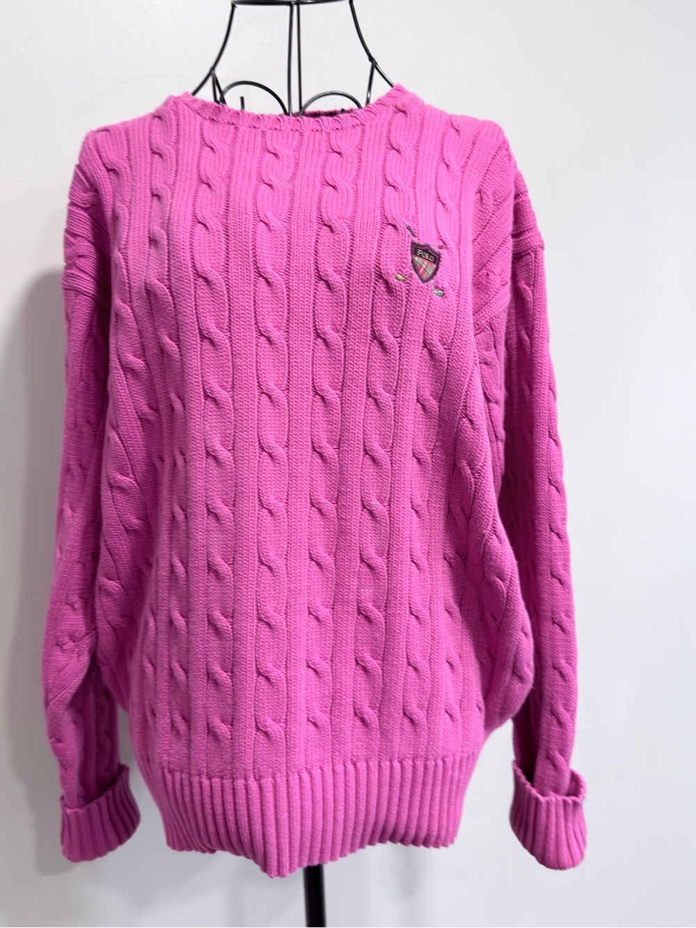 Vintage Style Polo by Ralph Lauren Bright Pink Cable-Knit Crewneck Sweater